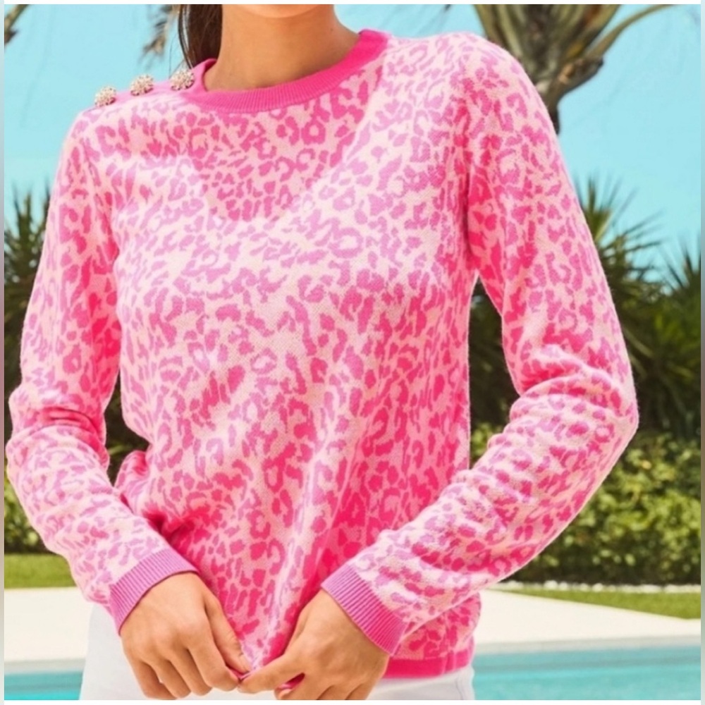 lilly pulitzer morgen jacquard sweater pink leopard rhinestone sweater L NWT